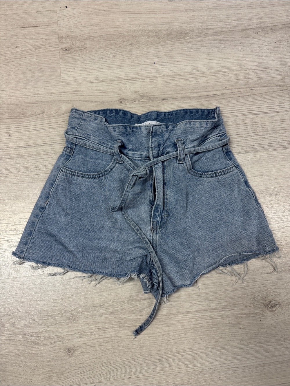 High-Rise Washed Blue Paperbag Denim Shorts with Tie